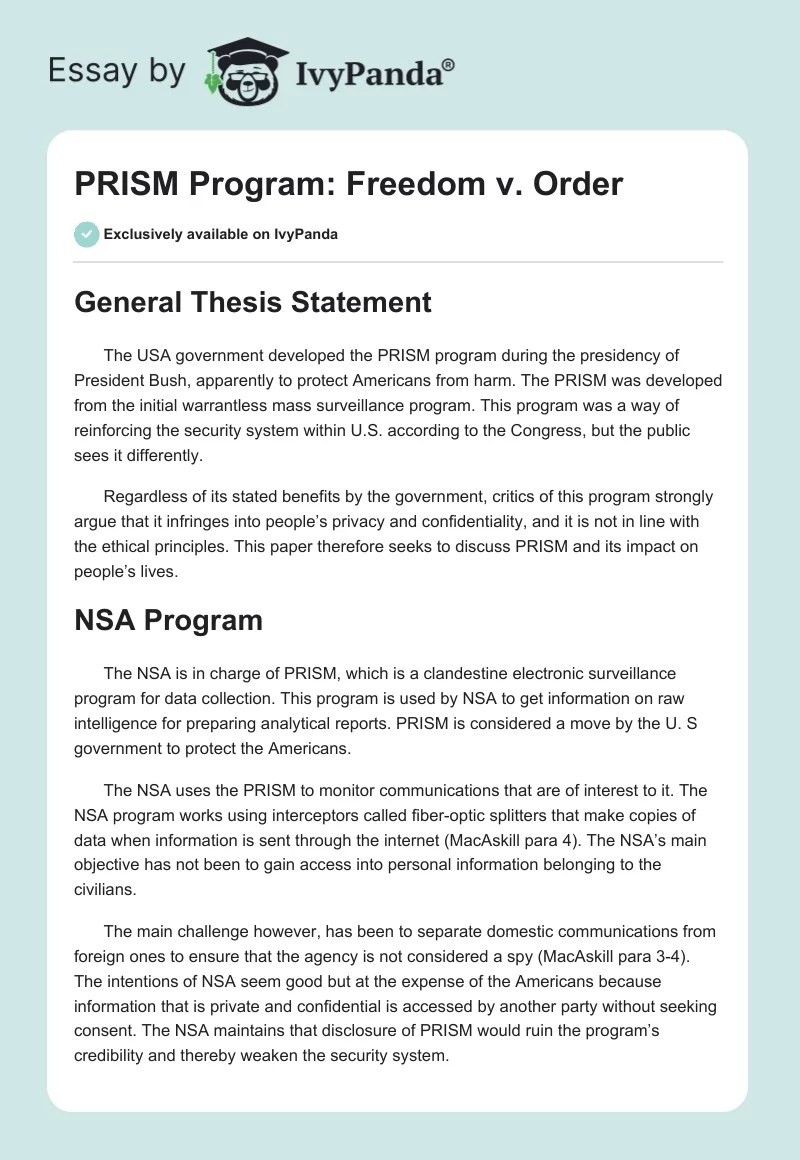 PRISM Program Freedom v. Order 864 Words Essay Example