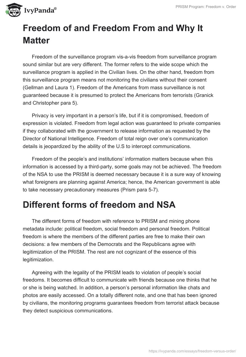 PRISM Program Freedom v. Order 864 Words Essay Example