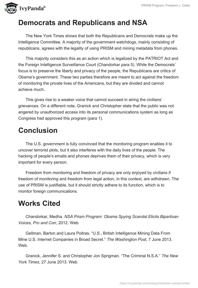 PRISM Program Freedom v. Order 864 Words Essay Example