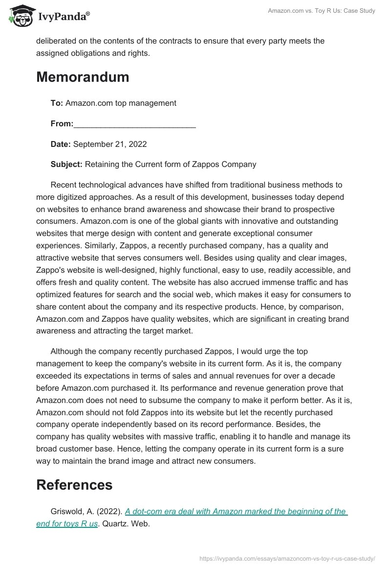 vs. Toy R Us 580 Words Case Study Example