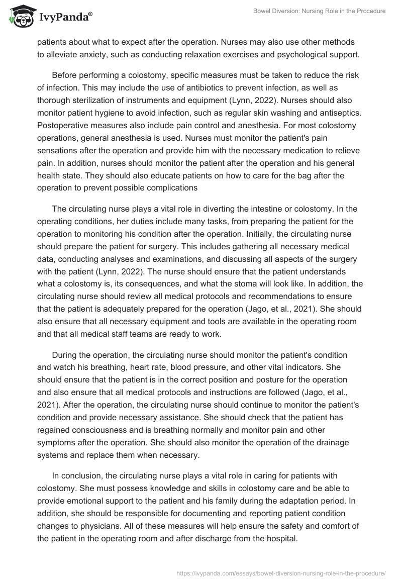 Bowel Diversion Nursing Role in the Procedure 840 Words Essay Example