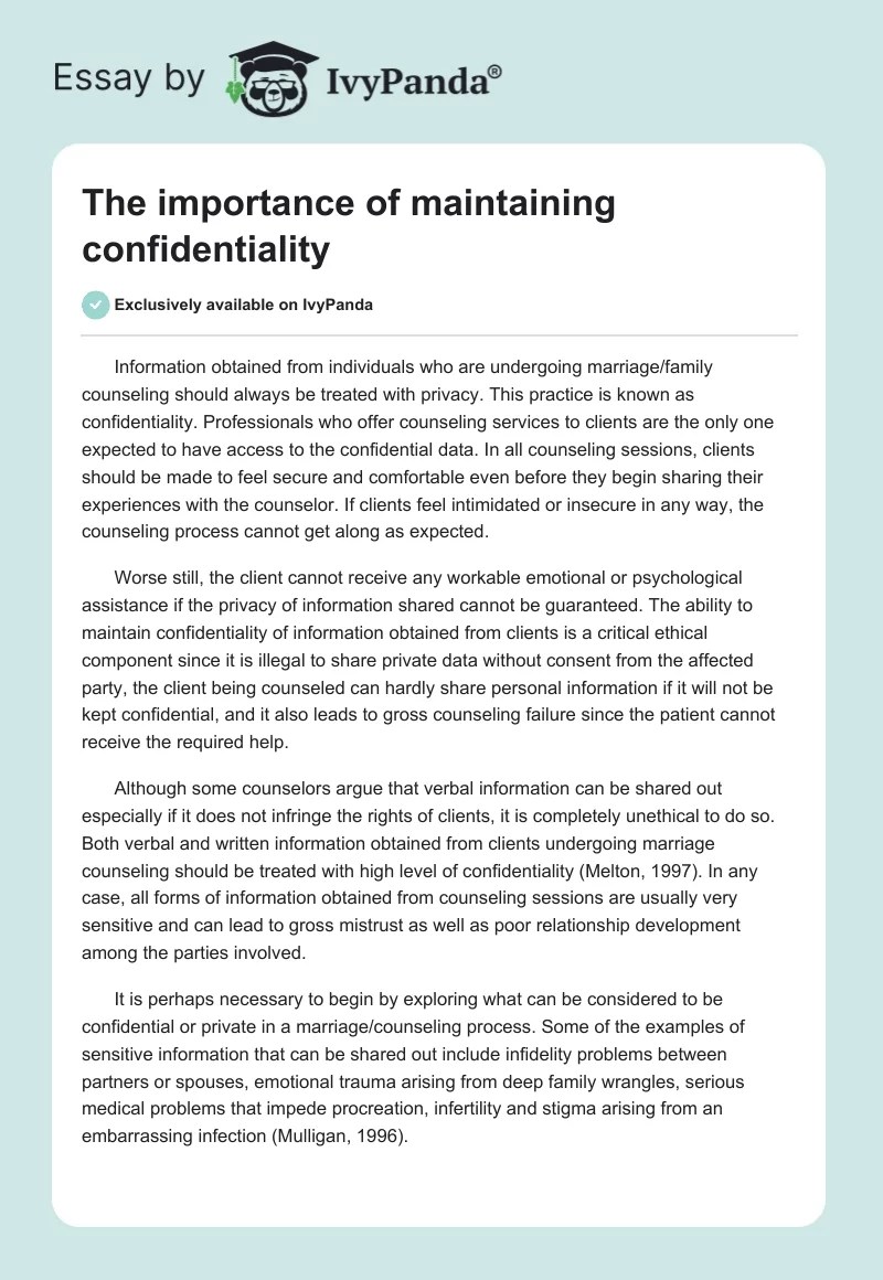 The importance of maintaining confidentiality 812 Words Essay Example