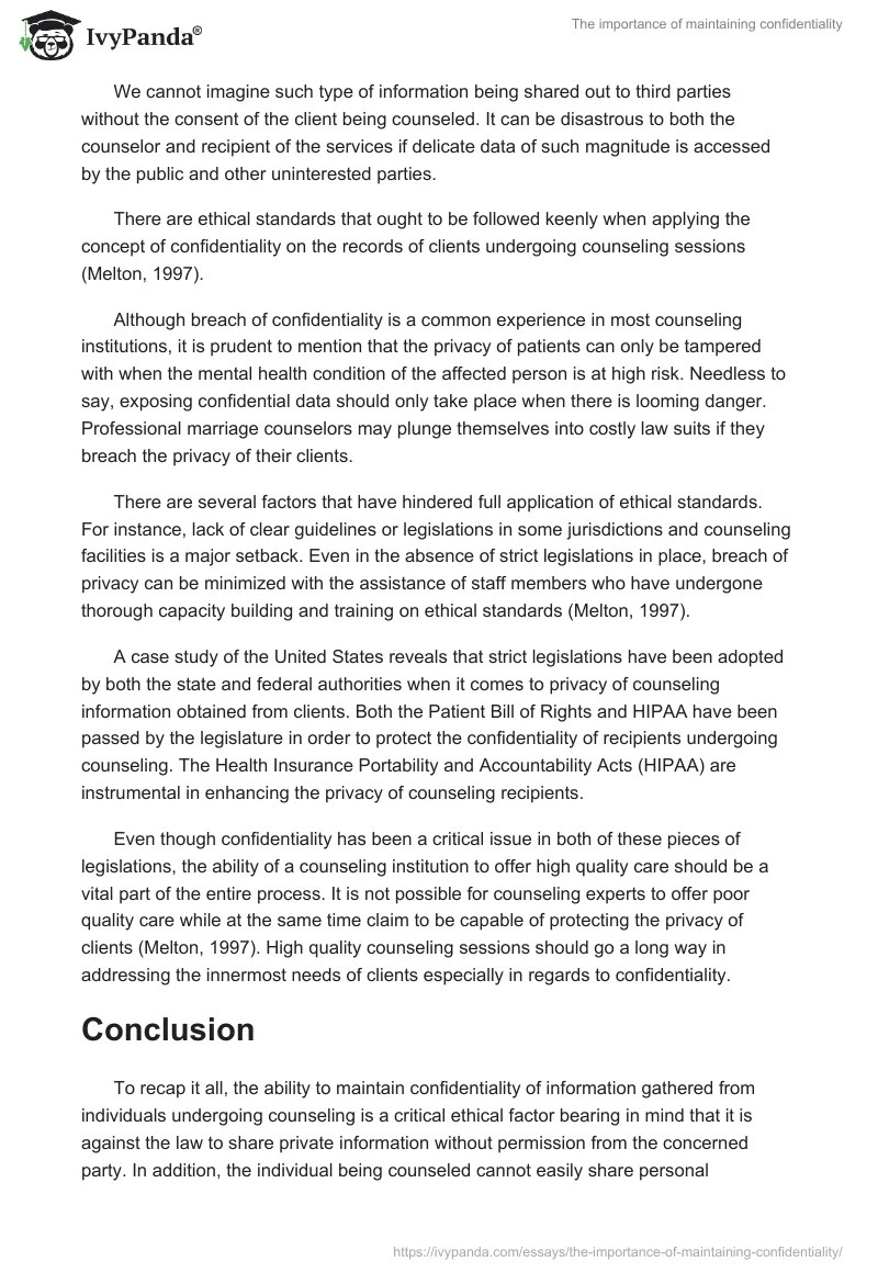 The importance of maintaining confidentiality 812 Words Essay Example