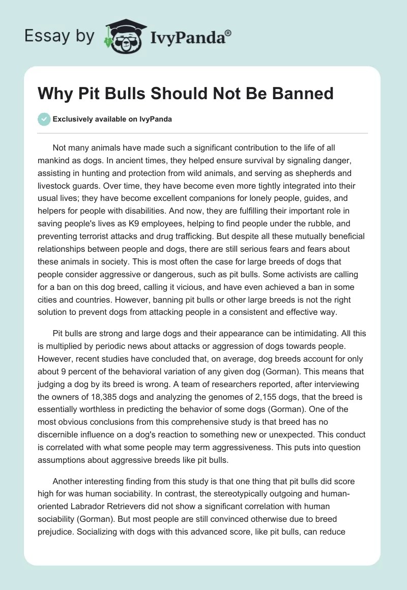 Why Pit Bulls Should Not Be Banned 841 Words Essay Example