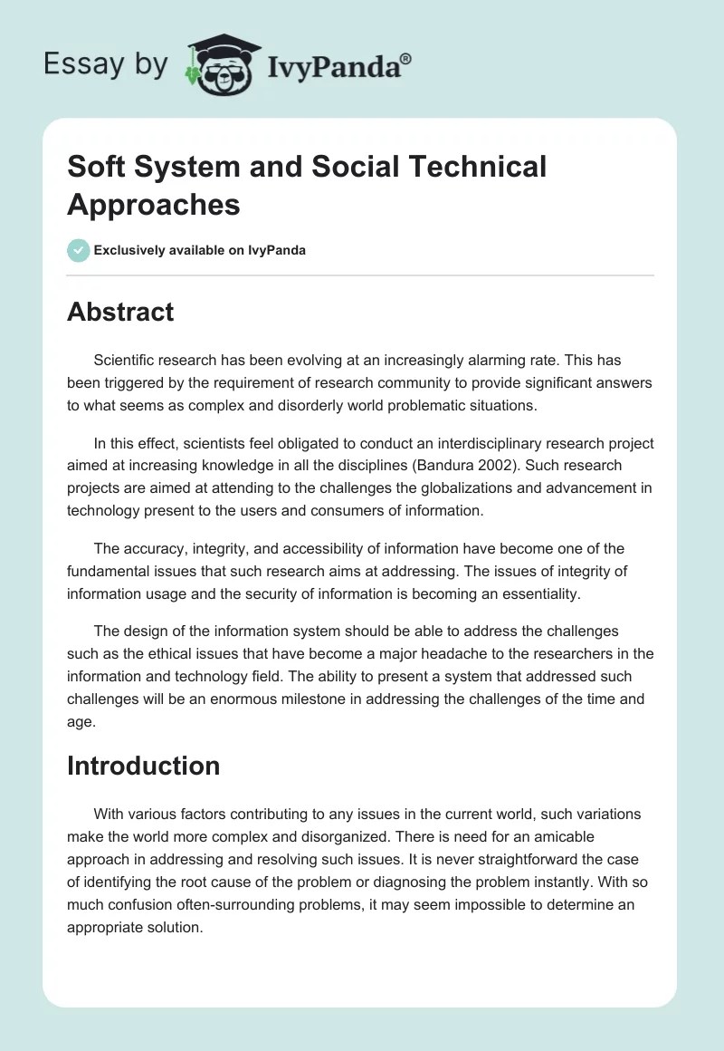 Soft system and social technical approaches 2989 Words Report Example