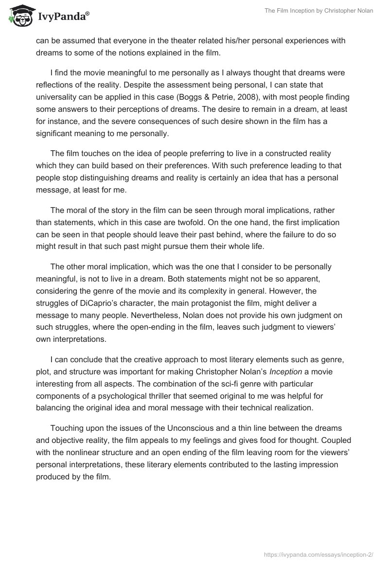 The Film "Inception" by Christopher Nolan 1224 Words Essay Example