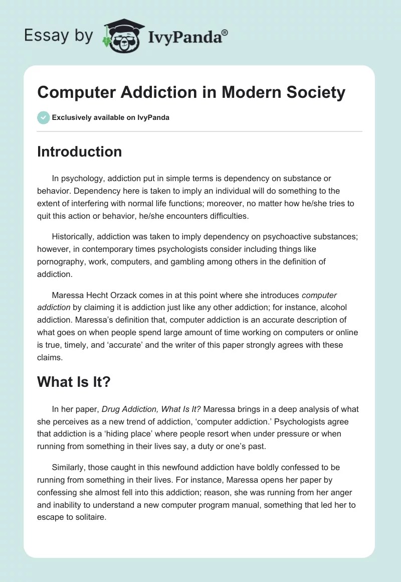 Computer Addiction in Modern Society 815 Words Essay Example