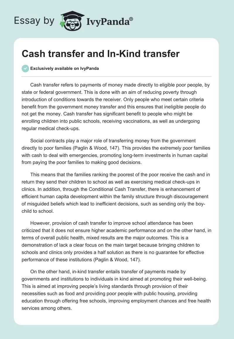 Cash transfer and InKind transfer 760 Words Report Example
