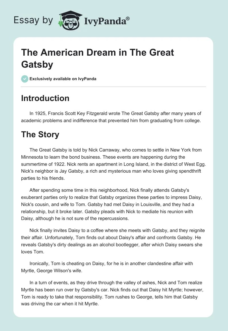 The American Dream in The Great Gatsby 619 Words Essay Example