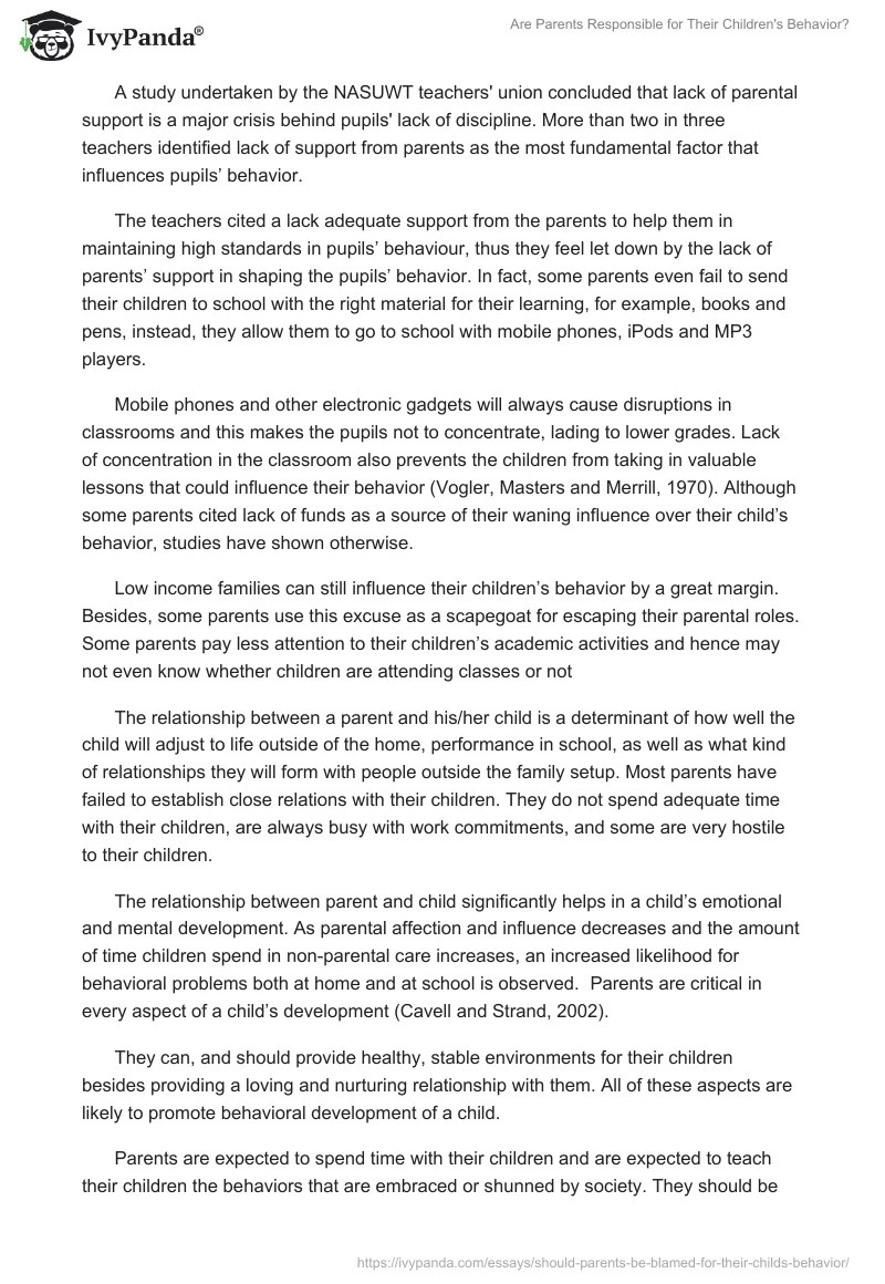 Are Parents Responsible for Their Children's Behavior? Essay