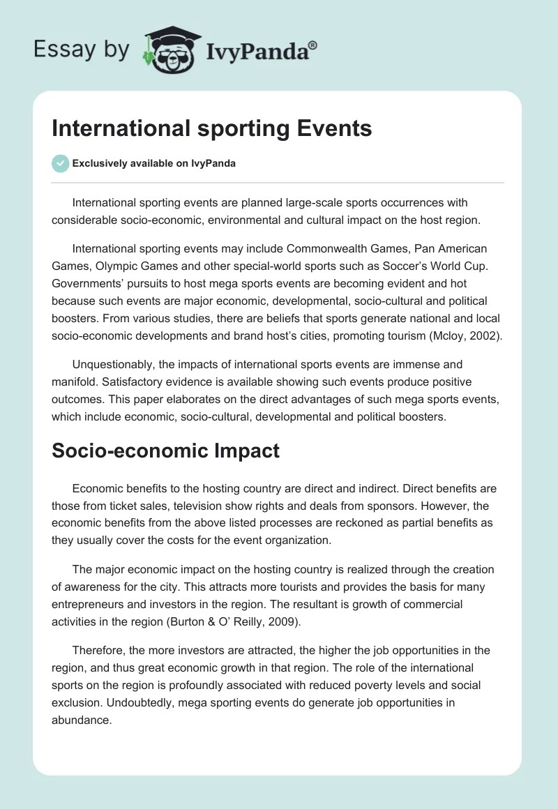 International sporting Events 1423 Words Essay Example