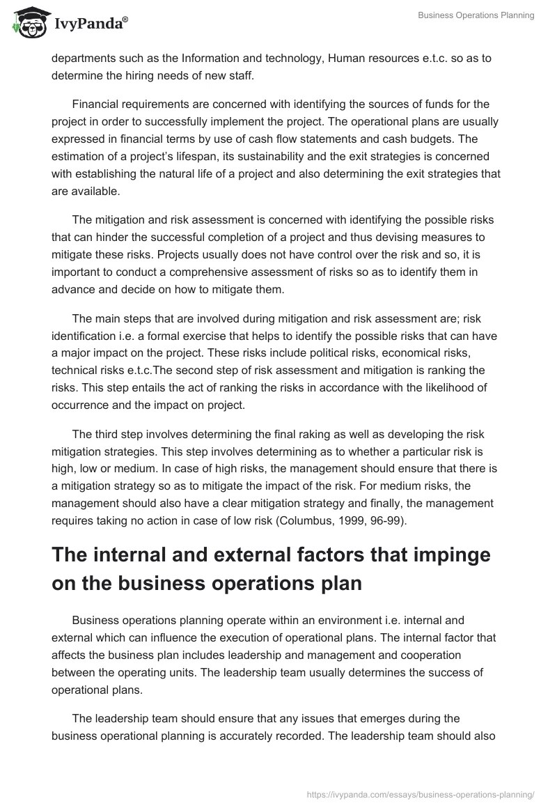 Business Operations Planning 2738 Words Essay Example