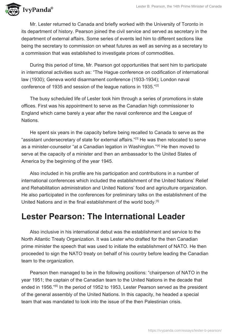 Lester B. Pearson, the 14th Prime Minister of Canada 1565 Words Essay Example