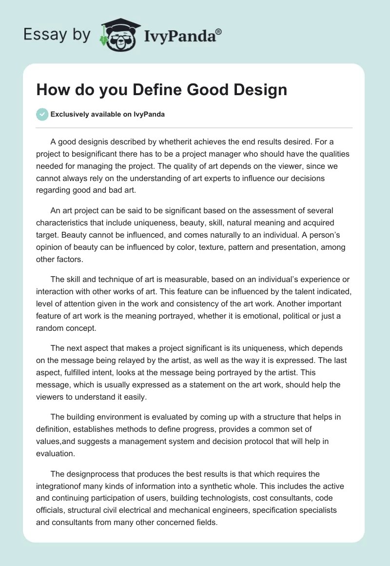 How do you Define Good Design 601 Words Essay Example