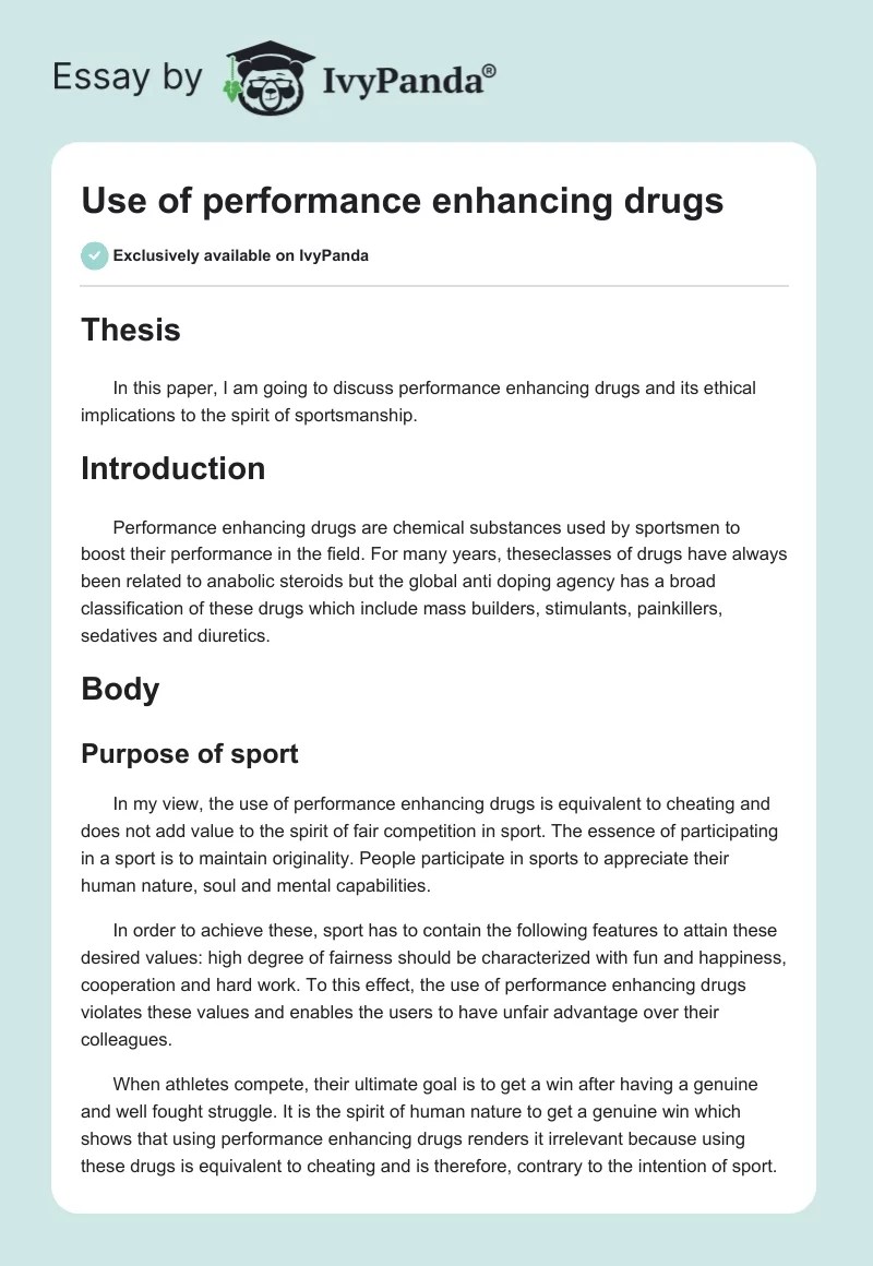 Use of performance enhancing drugs 562 Words Essay Example