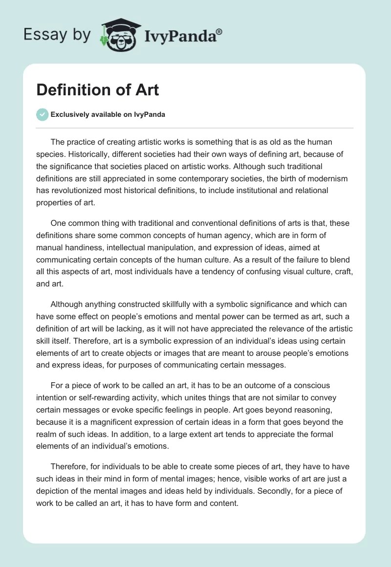 Definition of Art 870 Words Essay Example