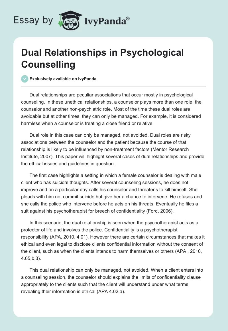 Dual Relationships in Psychological Counselling 570 Words Essay Example