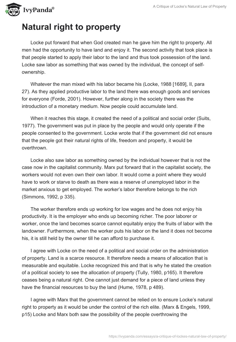 A Critique of Locke's Natural Law of Property 1140 Words Essay Example