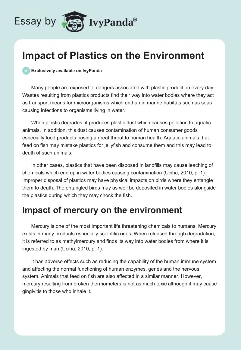 Impact of plastics on the environment 334 Words Essay Example