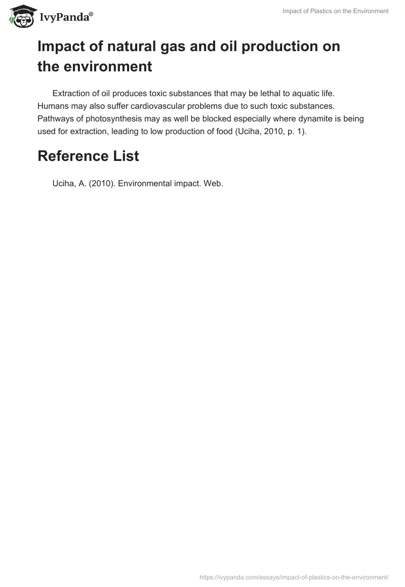 Impact of plastics on the environment 334 Words Essay Example