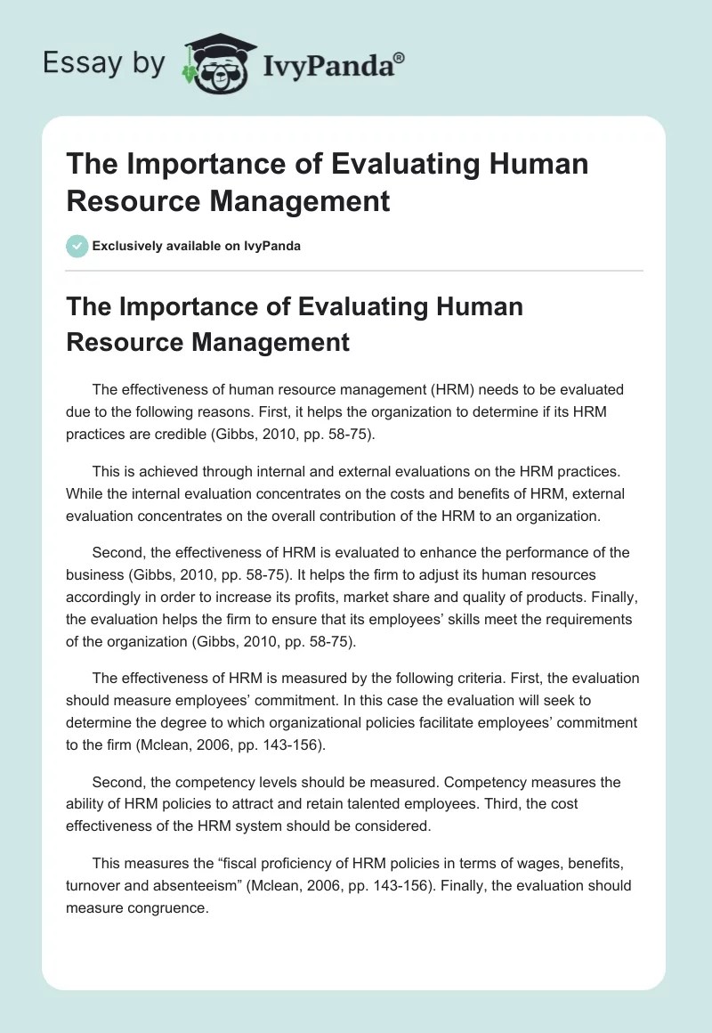The Importance of the Evaluation of Human Resources Management Essay