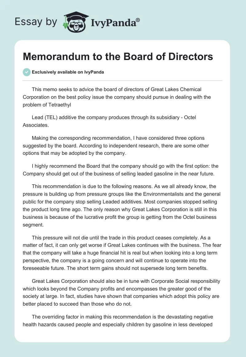Memorandum to the Board of Directors 860 Words Essay Example