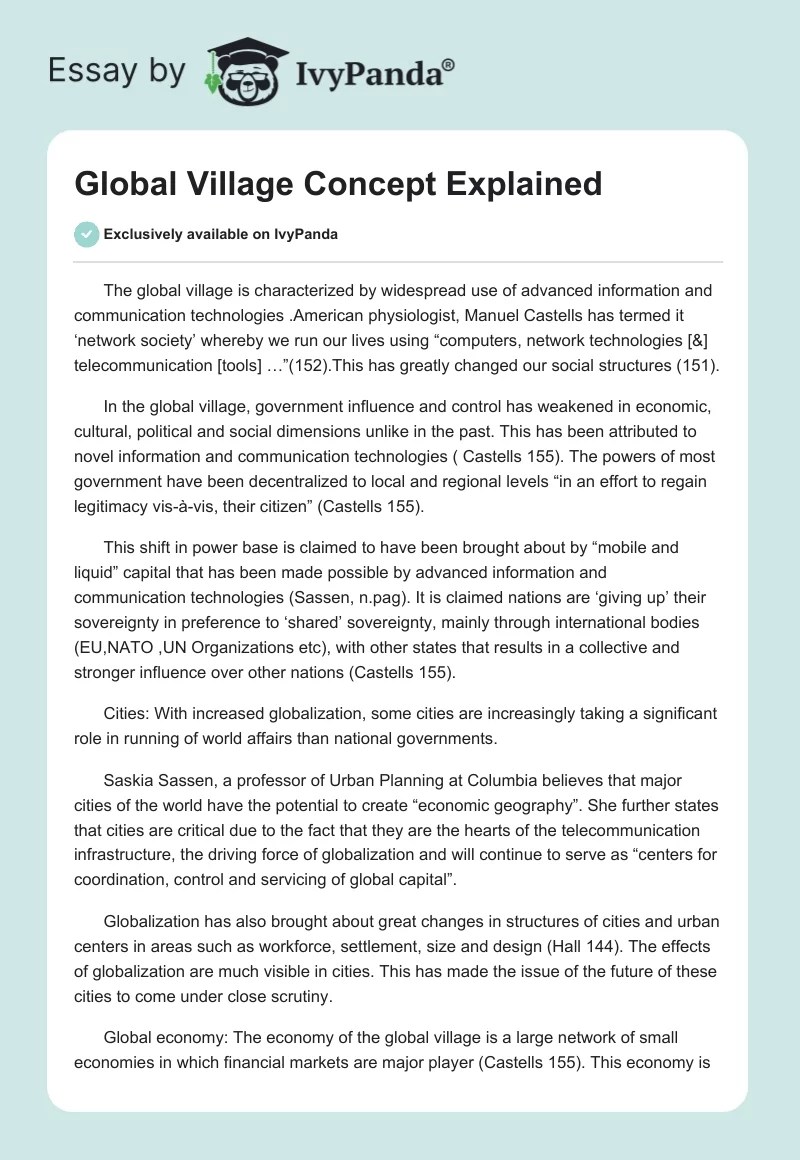 Global Village Concept Explained 521 Words Essay Example