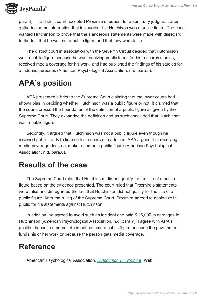 Amicus Curiae Brief Hutchinson vs. Proxmire 599 Words Essay Example
