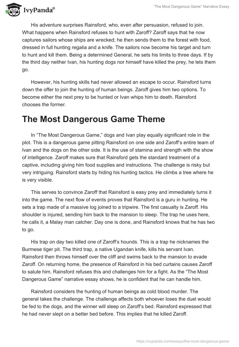 The Most Dangerous Game Essay Summary, Themes, & Analysis 820 Words