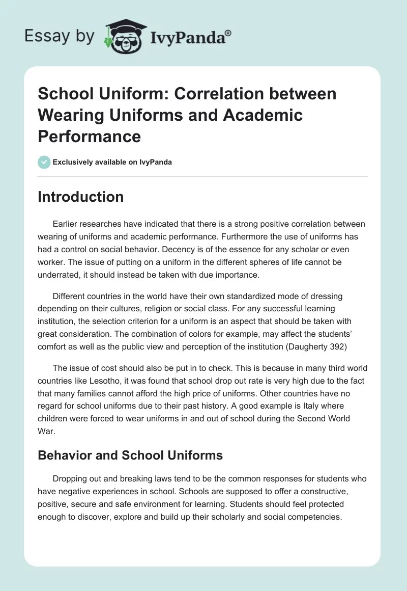 School Uniform Wearing Uniforms and Academic Performance 833 Words