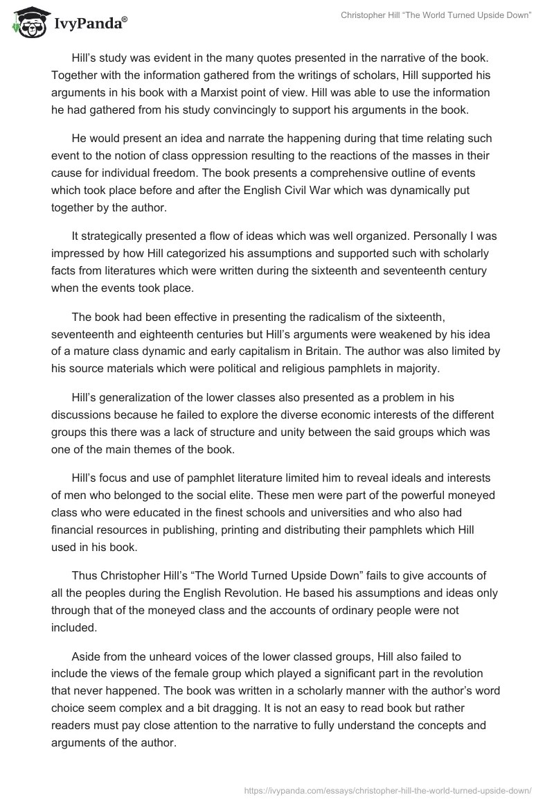 Christopher Hill "The World Turned Upside Down" 818 Words Essay Example
