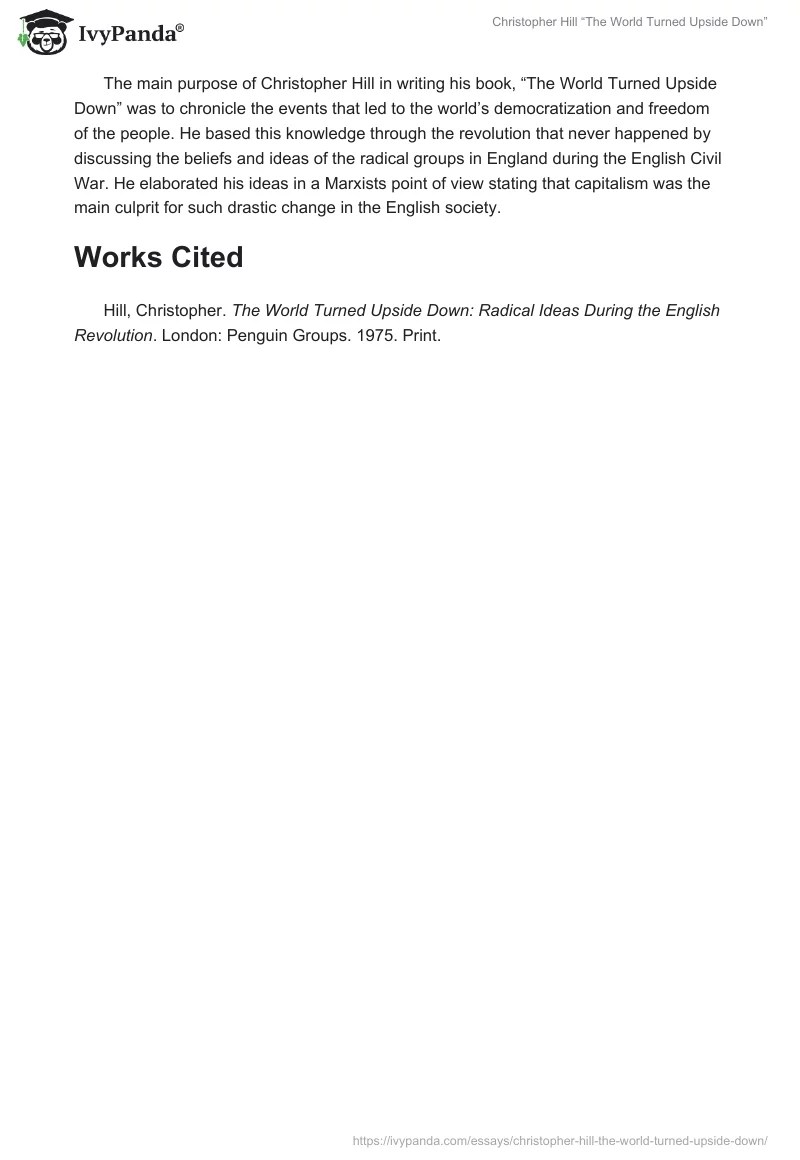 Christopher Hill "The World Turned Upside Down" 818 Words Essay Example