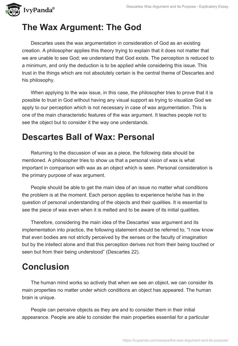 The Descartes Wax Example and Its Purpose Explicatory Essay Example