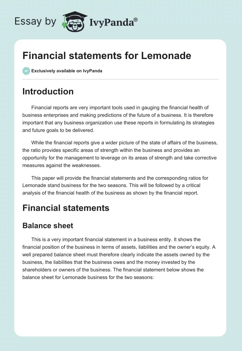 Financial statements for Lemonade 839 Words Report Example