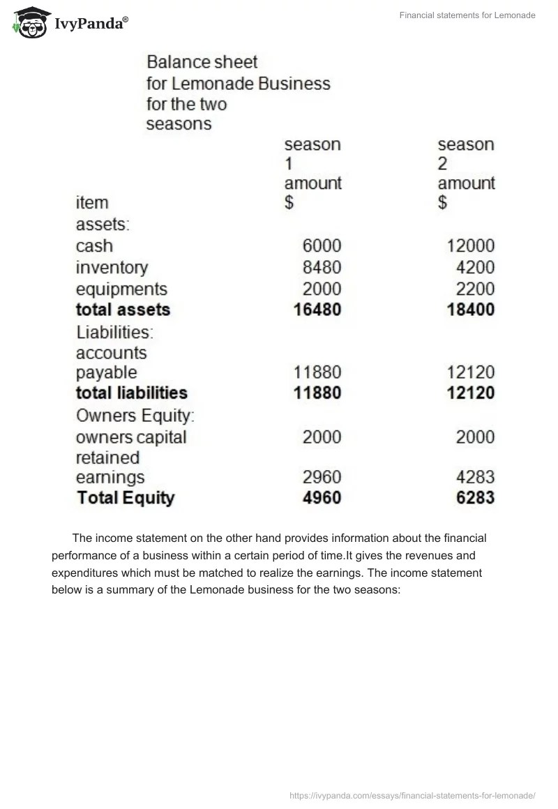 Financial statements for Lemonade 839 Words Report Example