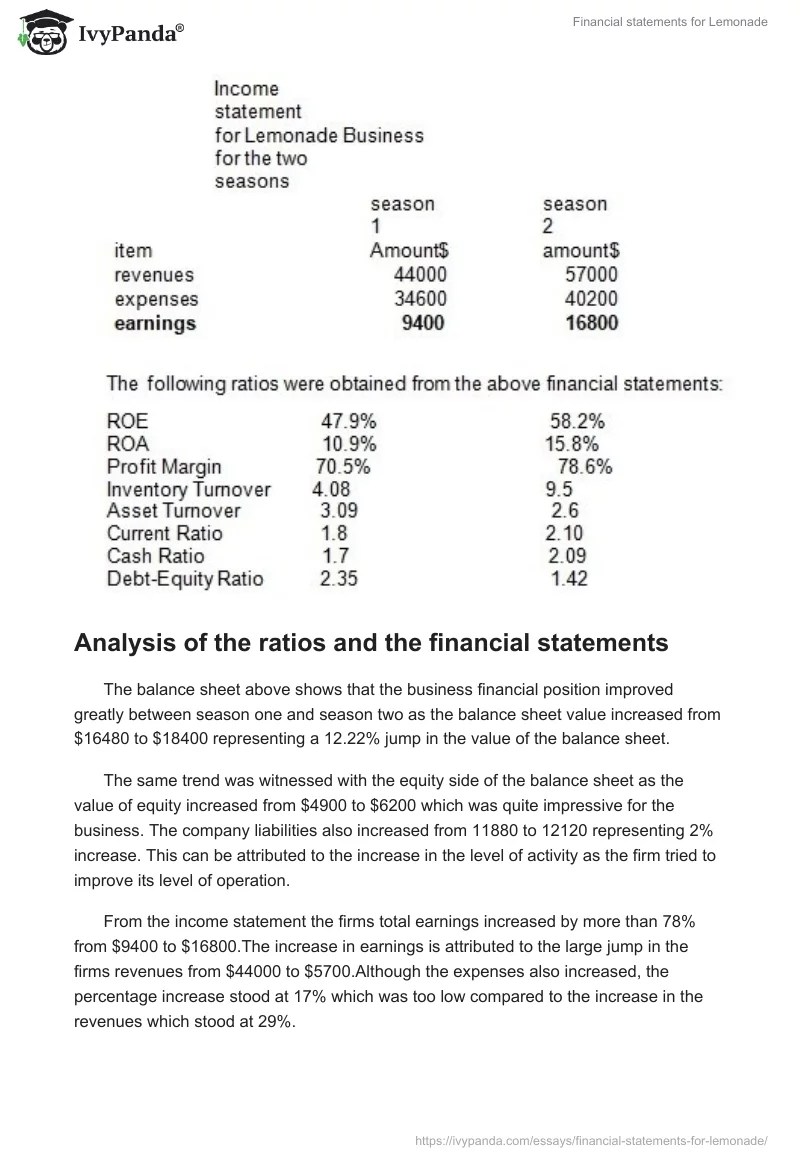 Financial statements for Lemonade 839 Words Report Example