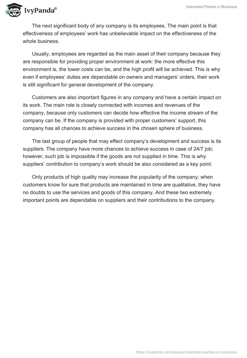 Interested Parties in Business 577 Words Essay Example