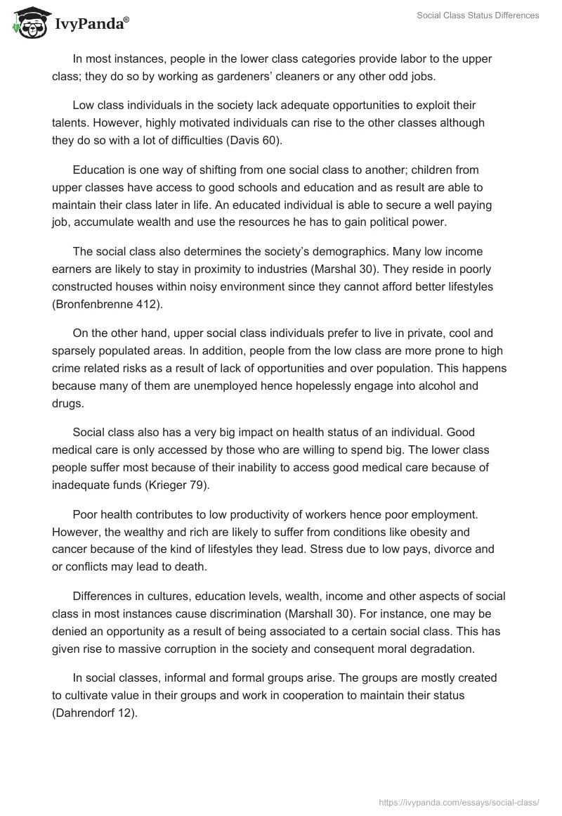 Social Class Status Differences 819 Words Essay Example