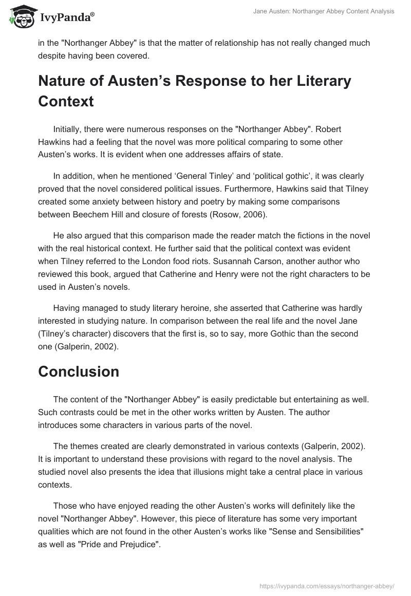 Jane Austen "Northanger Abbey" Content Analysis 1088 Words Essay