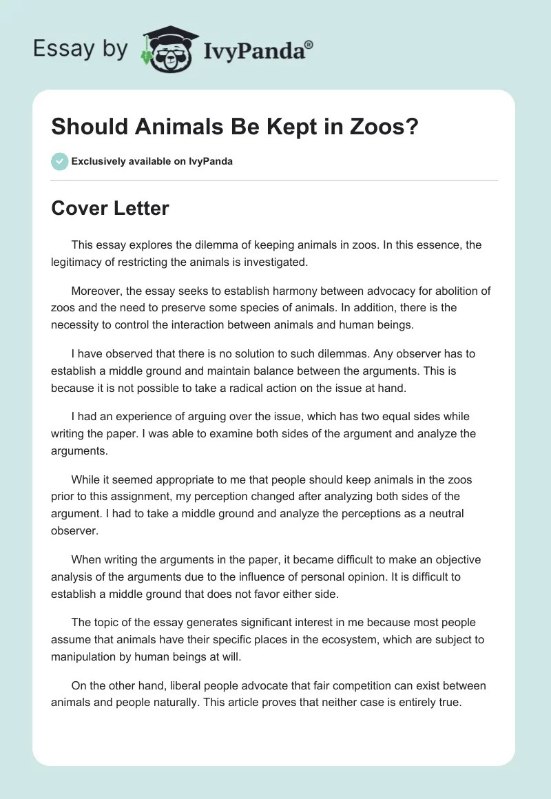 Should Animals be kept in Zoos? 1400 Words Essay Example