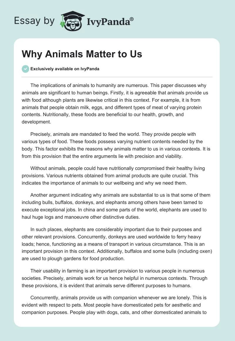 Why Animals Matter to Us 808 Words Essay Example