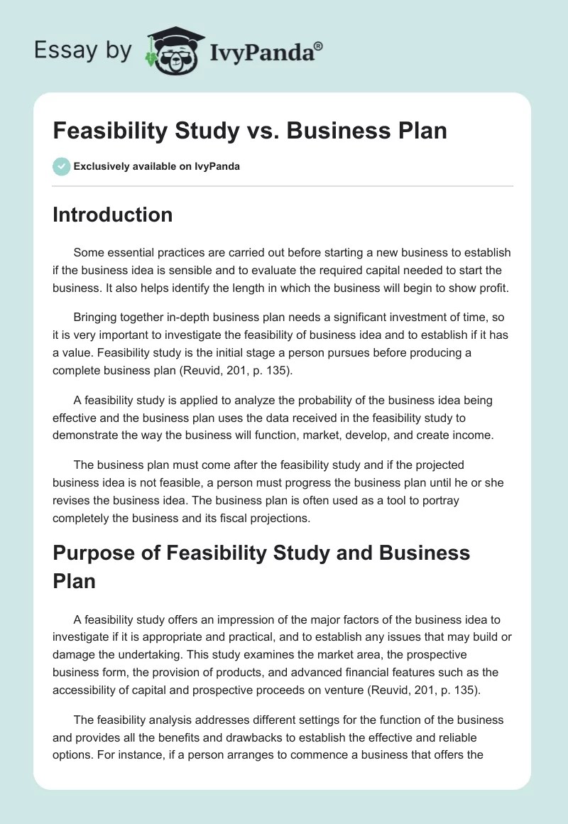 Feasibility Study vs. Business Plan 866 Words Essay Example