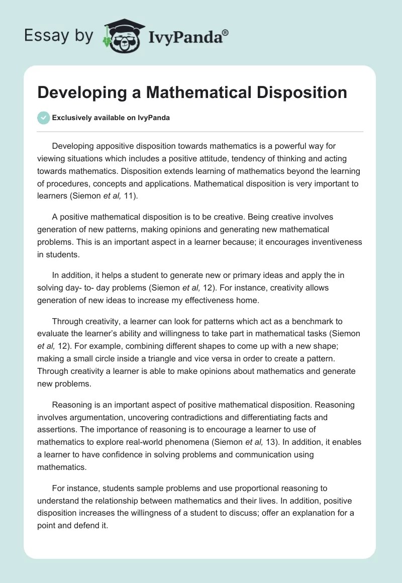 Developing a Mathematical Disposition 591 Words Critical Writing