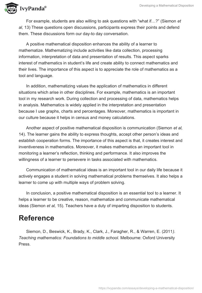 Developing a Mathematical Disposition 591 Words Critical Writing