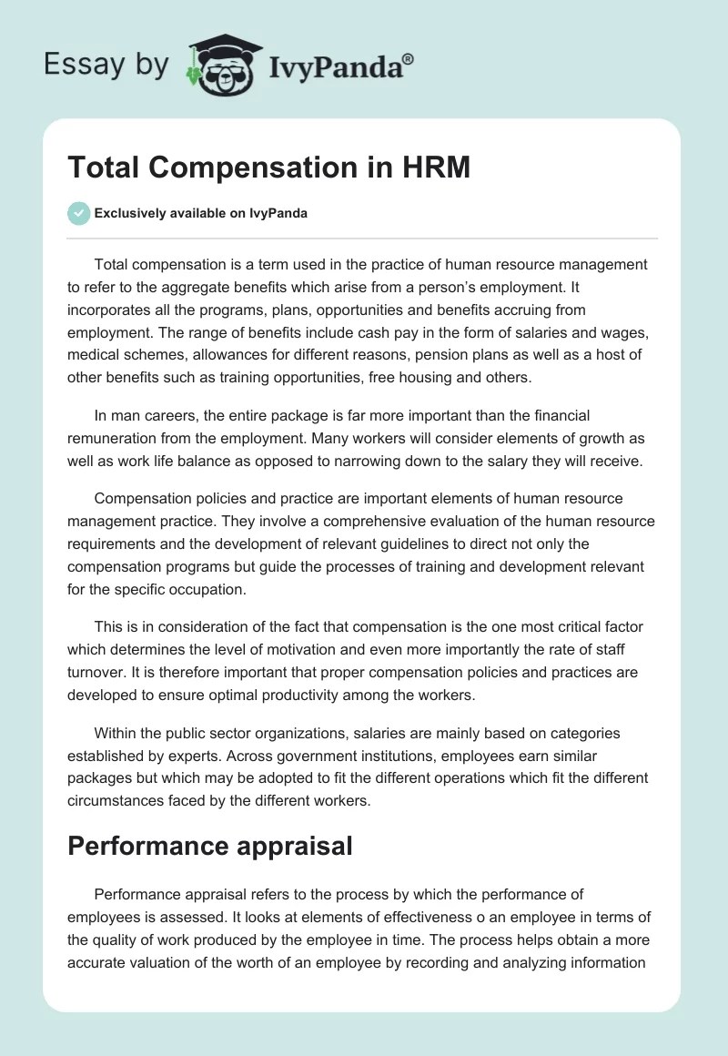 Total Compensation in HRM 2212 Words Essay Example