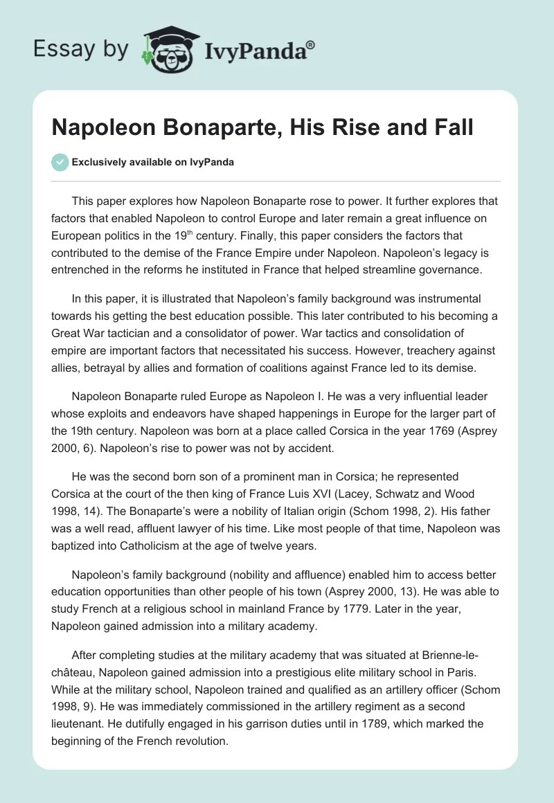 Napoleon Bonaparte, His Rise and Fall 3123 Words Biography Essay(03)