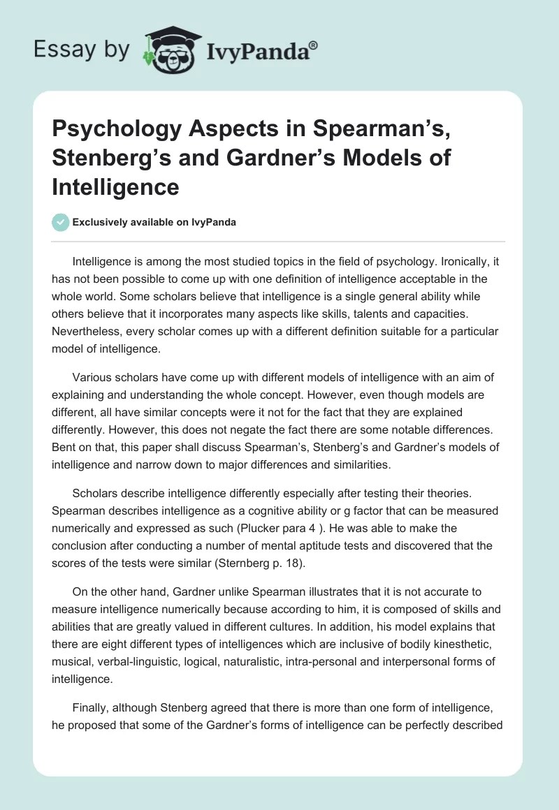Psychology Aspects in Spearman's, Stenberg's and Gardner's Models of