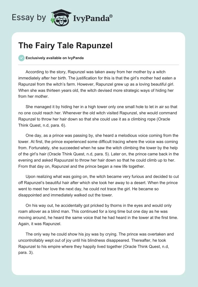 The Fairy Tale Rapunzel 583 Words Essay Example