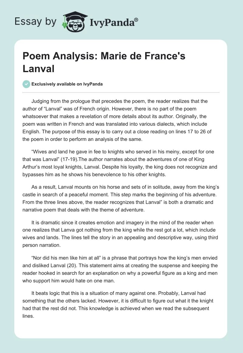 Poem Analysis Marie de France's "Lanval" 851 Words Critical