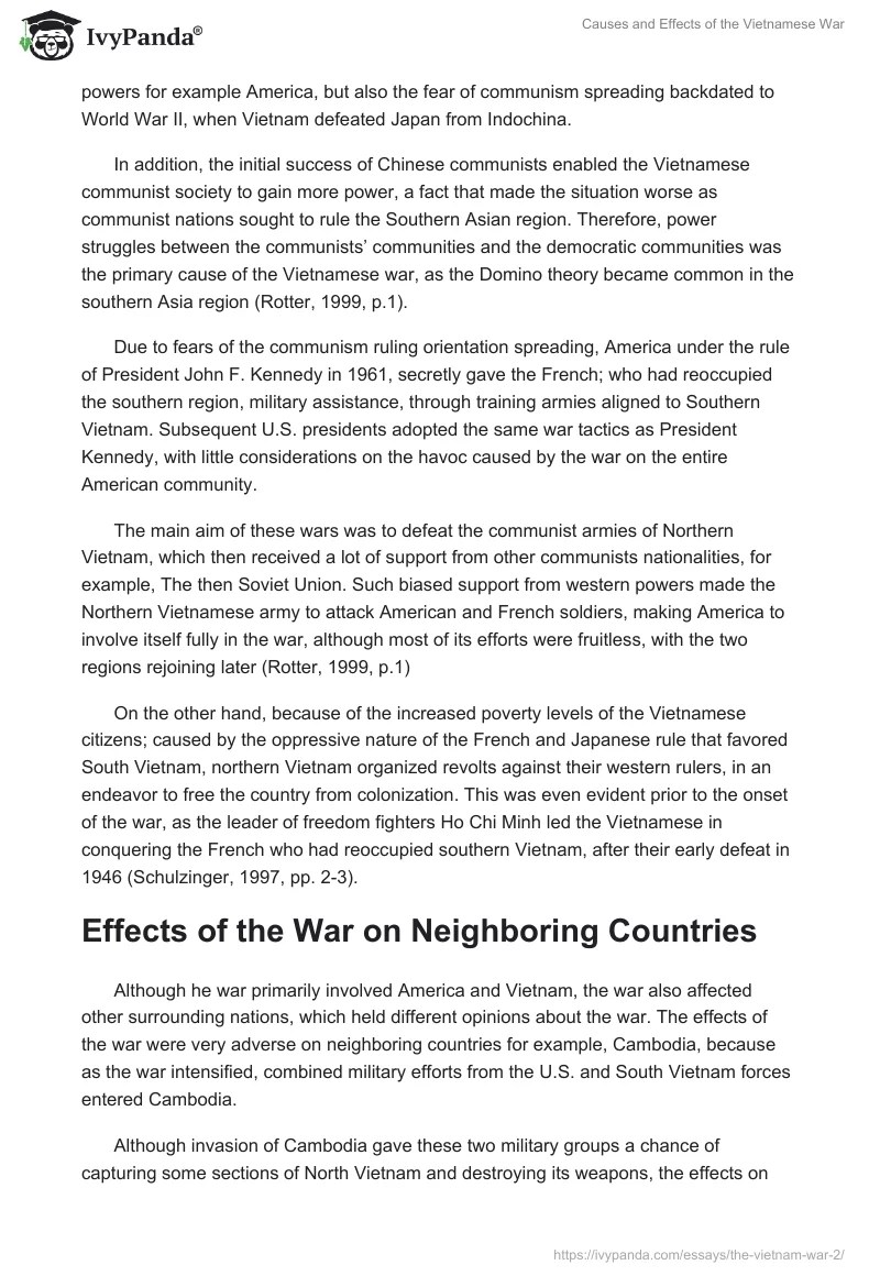 Causes and Effects of the Vietnamese War 1046 Words Essay Example